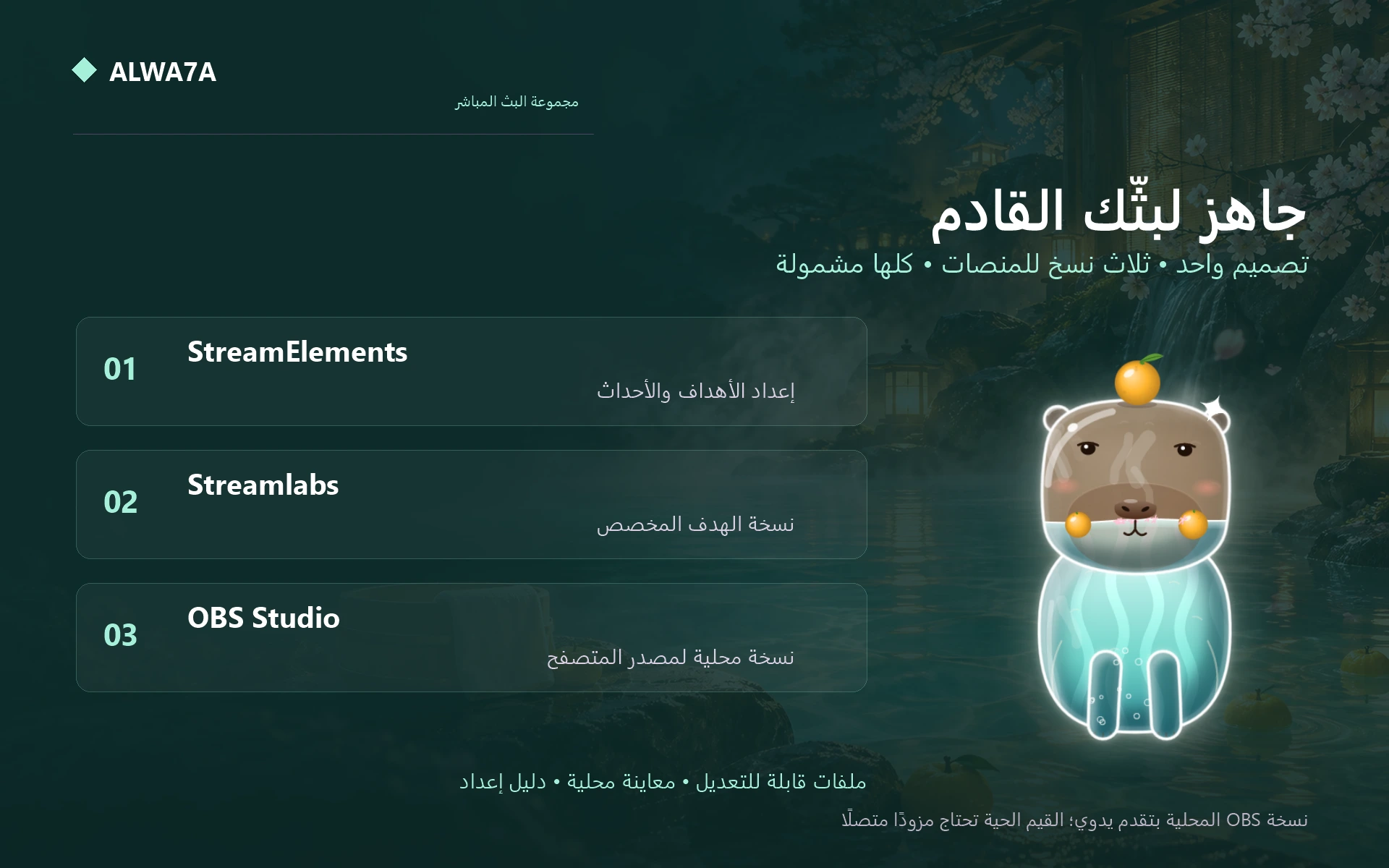 Capybara Onsen — Included features and setup