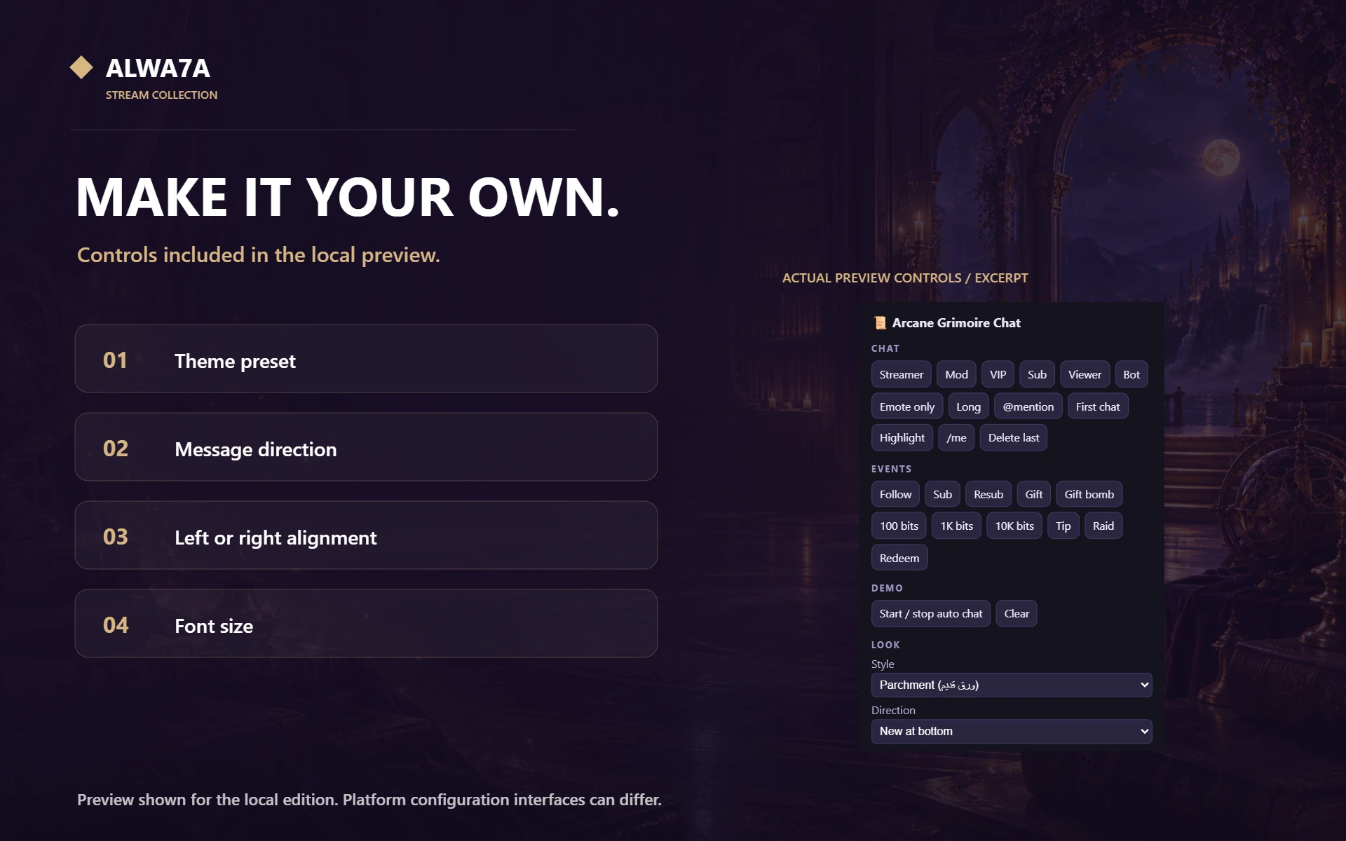 Arcane Grimoire — Native preview customization controls